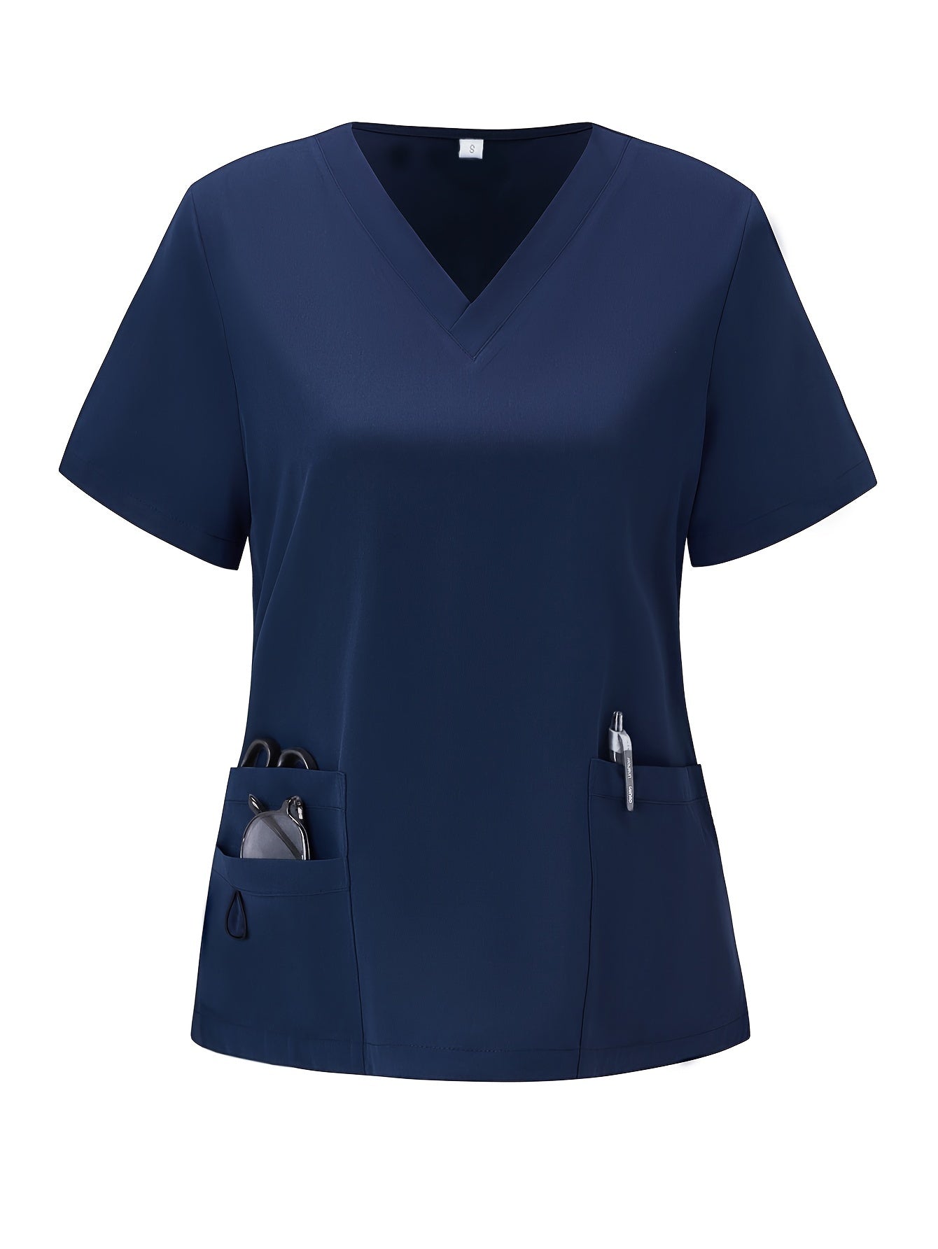 SAASHI Navy Blue Short Sleeve V-neck Top, Patched Pockets, Comfortable Health Scrub Uniform