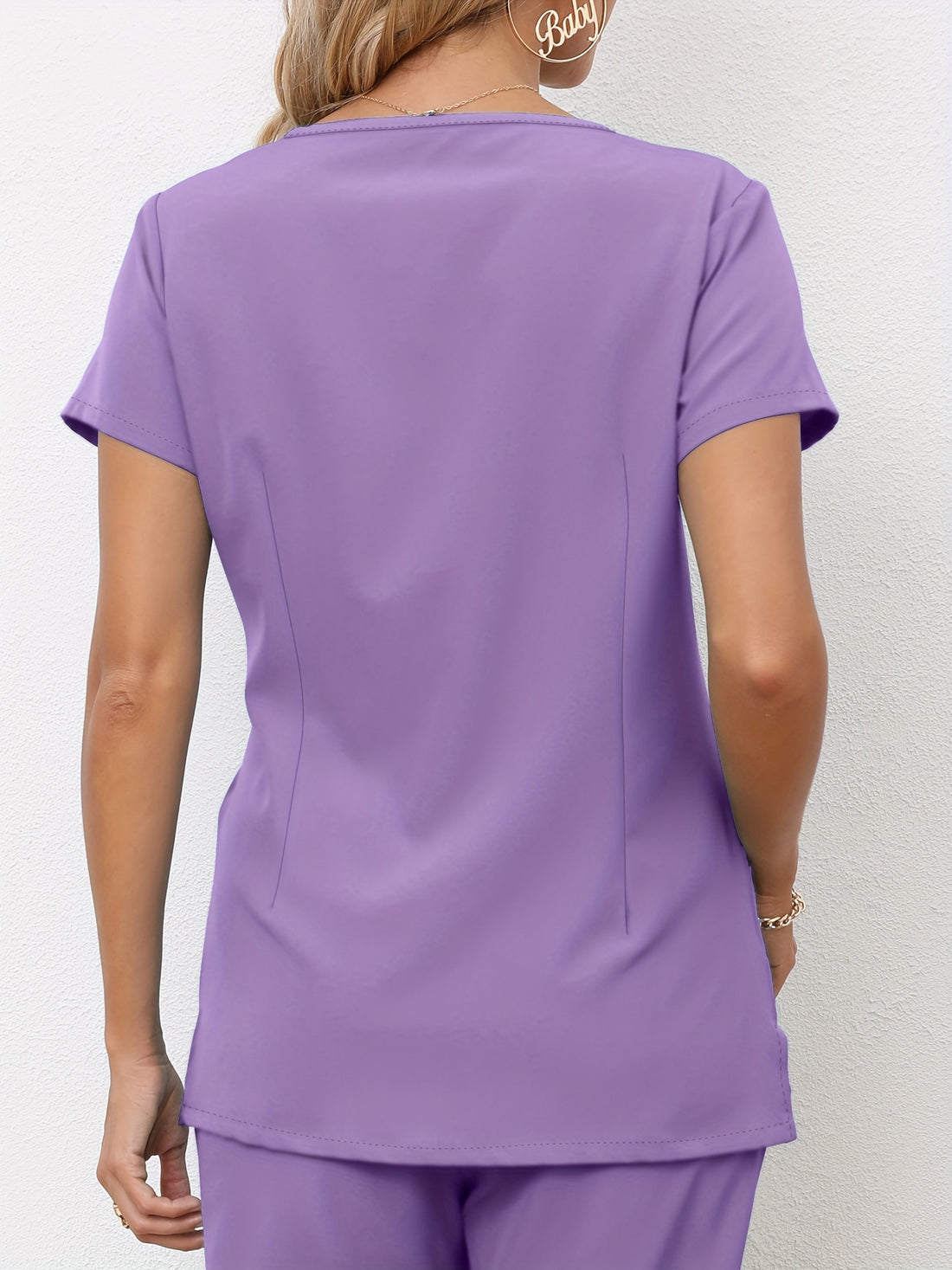 SAASHI Crew Neck Purple Simple Scrubs Top with Functional Patched Pockets