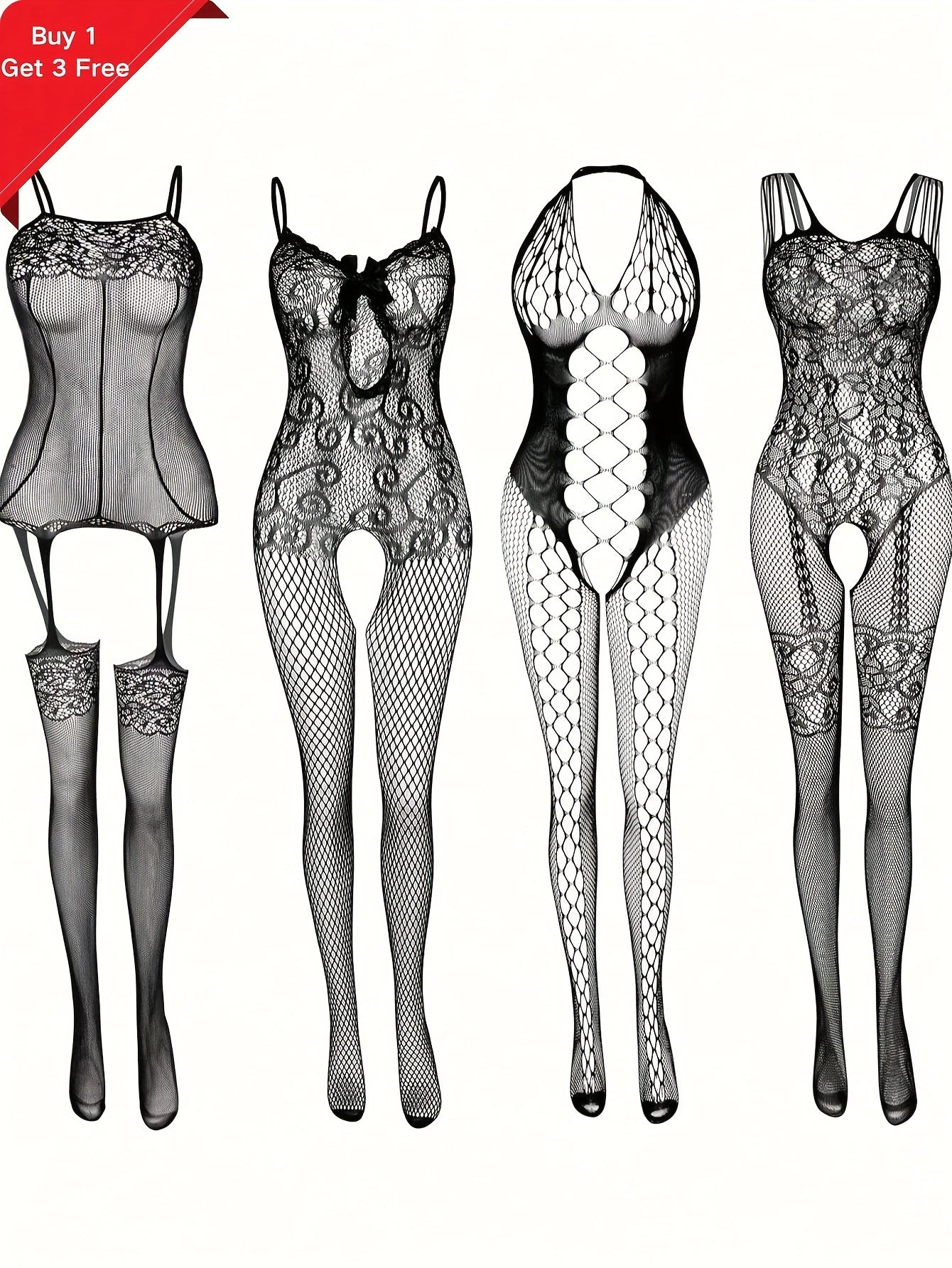 Saashi 4pcs Women's Plus Sexy Lingerie Bodystockings Lace Fishnet