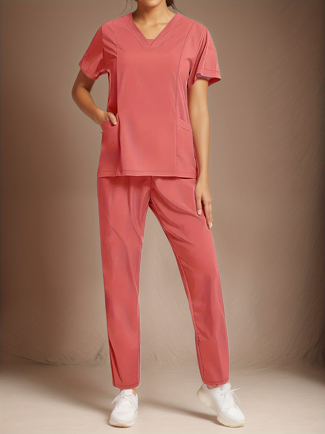 SAASHI Two-Piece Pink Uniform Set - V Neck, Pockets, Micro Elastic Fabric