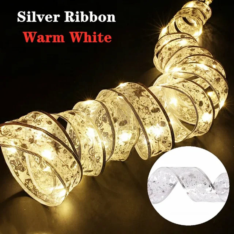 Christmas Ribbon Fairy Light Christmas Decoration DIY Bows String Light Tree Ornaments for Home 2023 Xmas Decor New Year Navidad