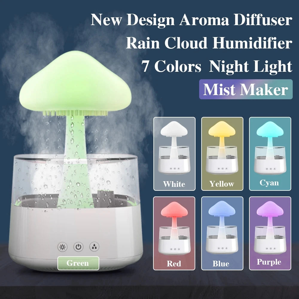 Mushroom Rain Air Humidifier Electric Aroma Diffuser Rain Cloud Smell Distributor Relax Water Drops Sounds Colorful Night Lights