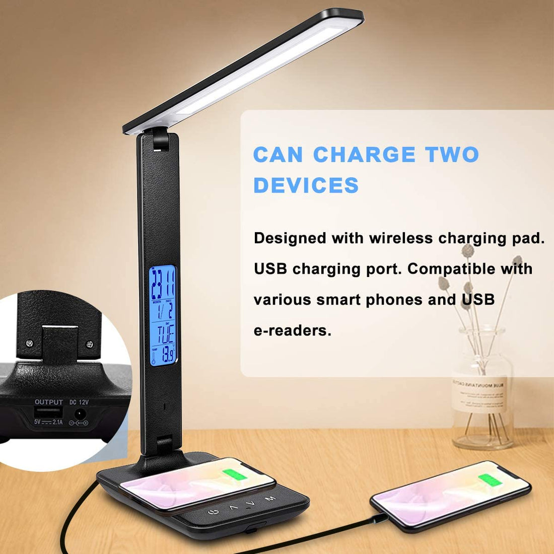 LED Desk Lamp, Desk Lamp with Wireless Charger, Suitable for Home, Office Dimmable Desk Lamp, with USB Charging Port, Built-In Clock, Calendar, Thermometer and Automatic Timing Reading Desk Lamp.