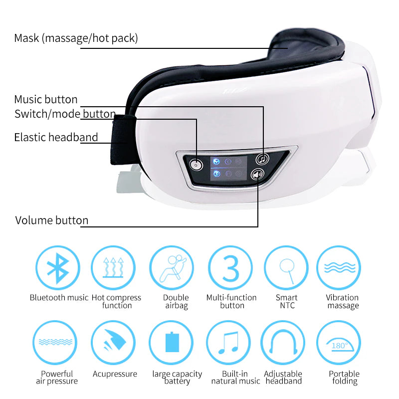 Eye Massager with Heat Smart Airbag Vibration Eye Care Compress Bluetooth Eye Massage Relax Migraines Relief Improve Sleep