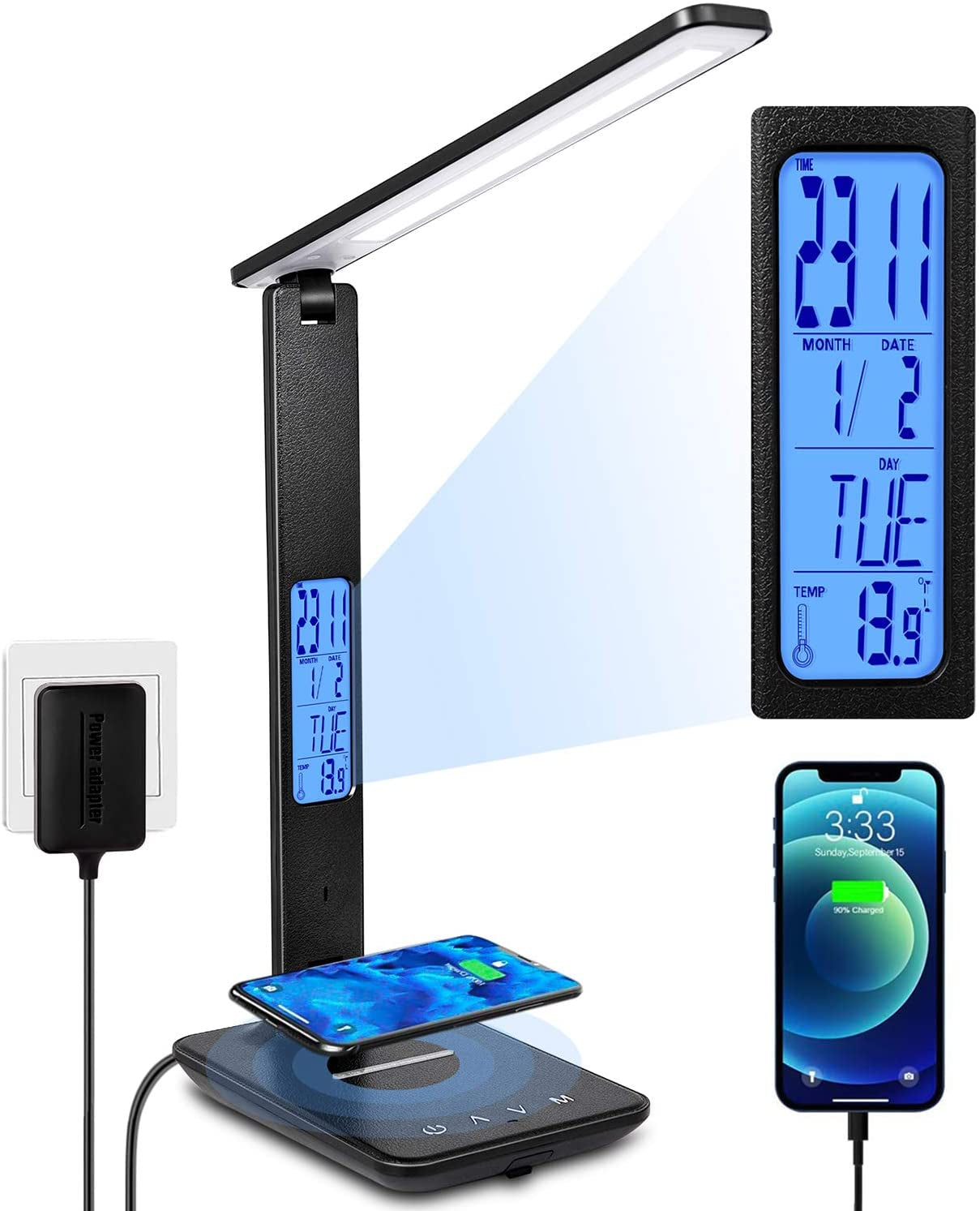 LED Desk Lamp, Desk Lamp with Wireless Charger, Suitable for Home, Office Dimmable Desk Lamp, with USB Charging Port, Built-In Clock, Calendar, Thermometer and Automatic Timing Reading Desk Lamp.