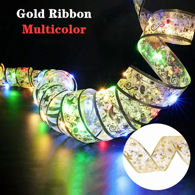 Christmas Ribbon Fairy Light Christmas Decoration DIY Bows String Light Tree Ornaments for Home 2023 Xmas Decor New Year Navidad