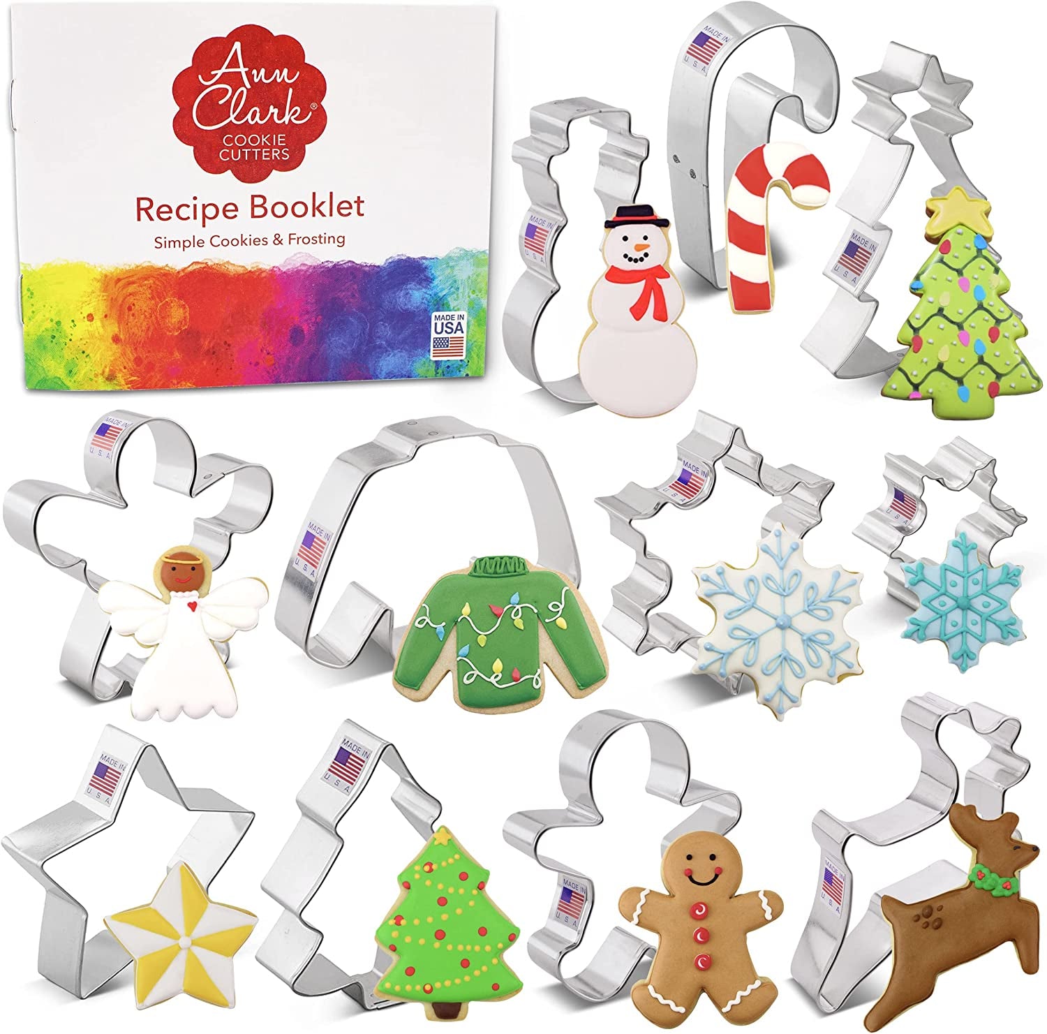 Winter Christmas Cookie Cutters 11-Pc. Set Made in the USA by Ann Clark, Gingerbread Boy, Christmas Tree, Reindeer, Snowflake, Snowman and More