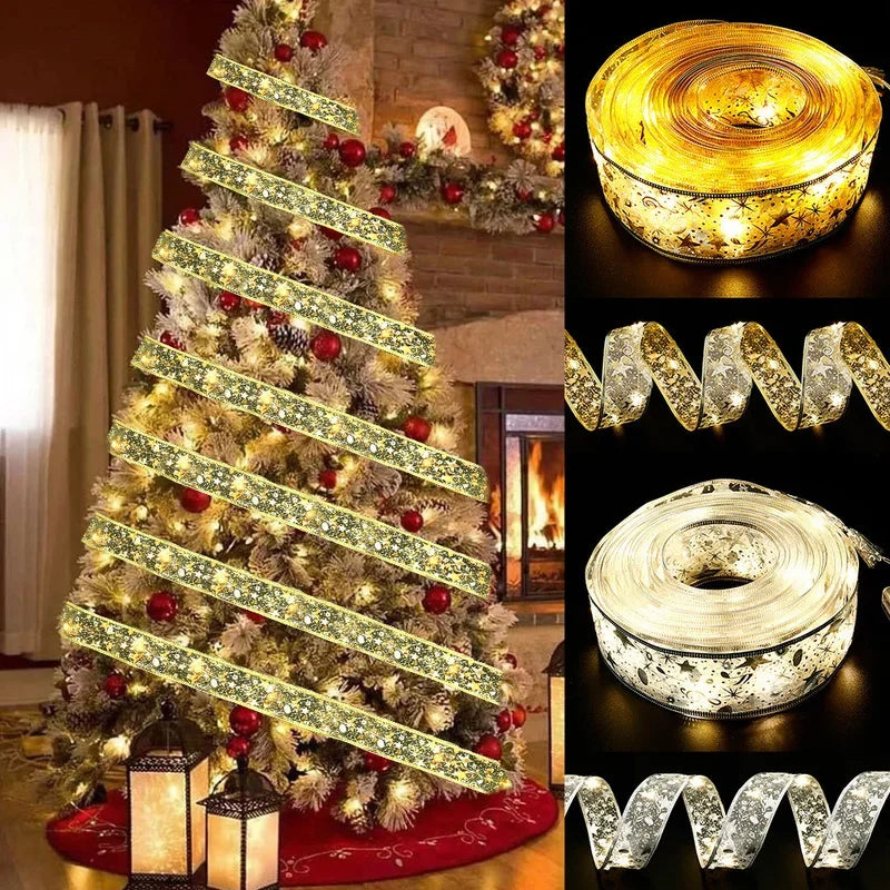 Christmas Ribbon Fairy Light Christmas Decoration DIY Bows String Light Tree Ornaments for Home 2023 Xmas Decor New Year Navidad