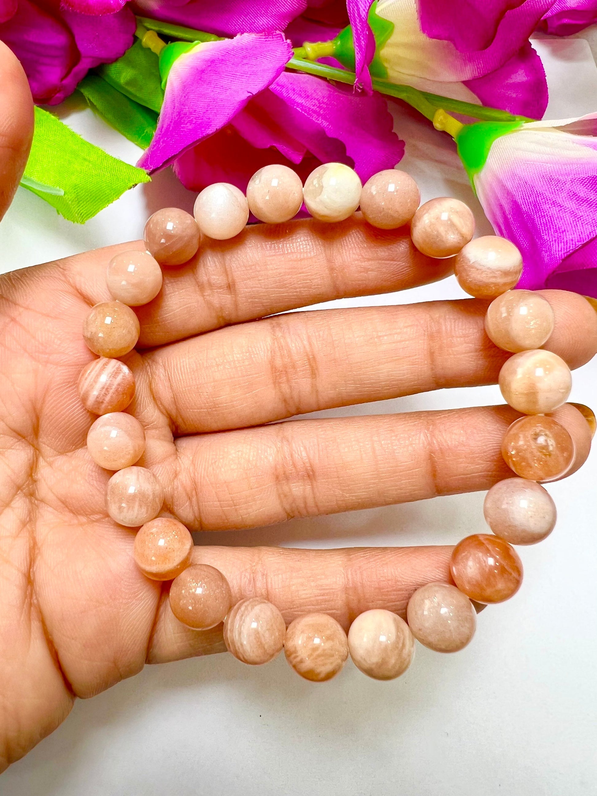 Peach Moonstone round Beaded Bracelet 8 MM Stretch Bracelet