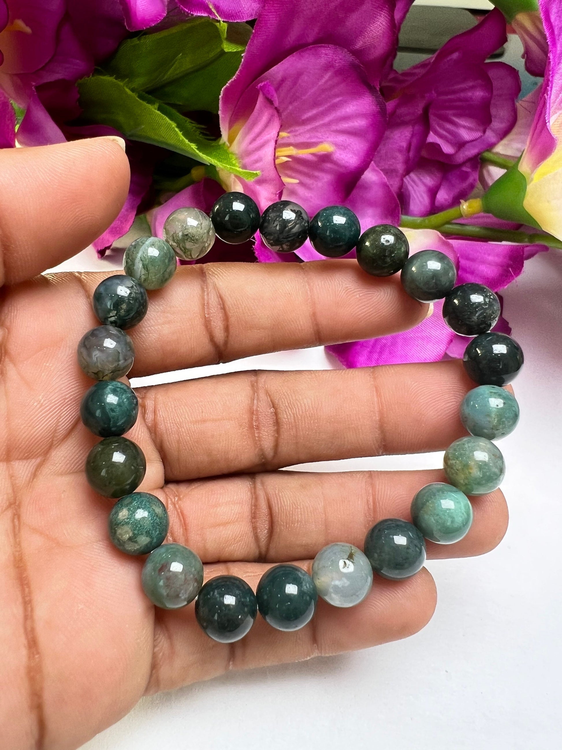 Moss Agate Stone round Beaded Bracelet 6 MM 8 MM 10 MM Stretch Bracelet