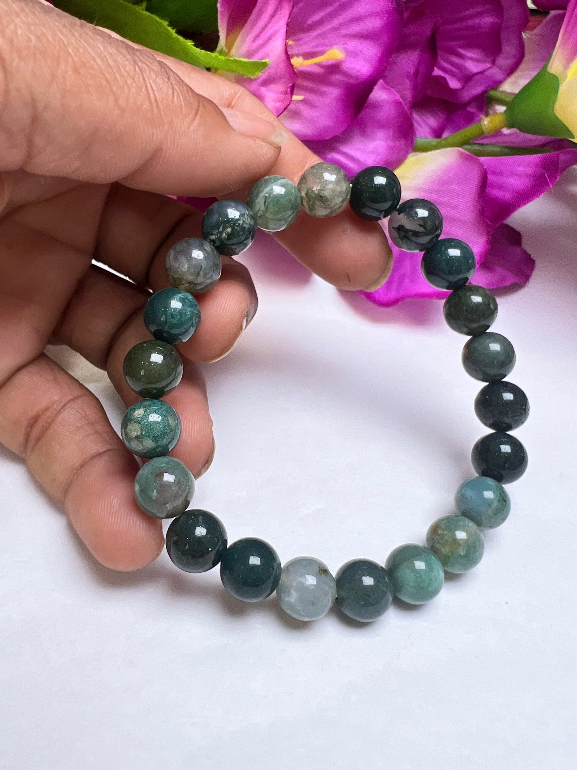 Moss Agate Stone round Beaded Bracelet 6 MM 8 MM 10 MM Stretch Bracelet