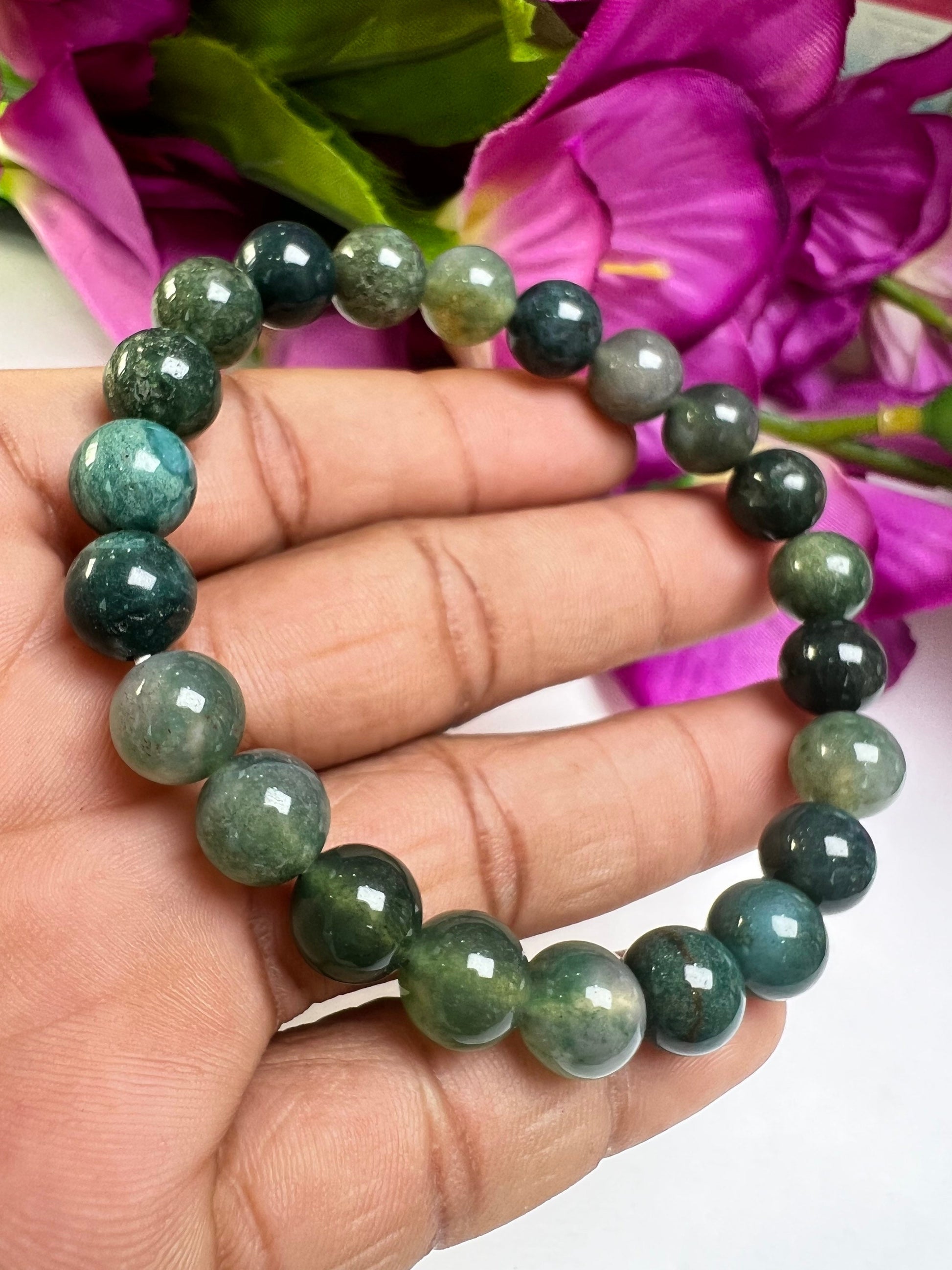 Moss Agate Stone round Beaded Bracelet 6 MM 8 MM 10 MM Stretch Bracelet