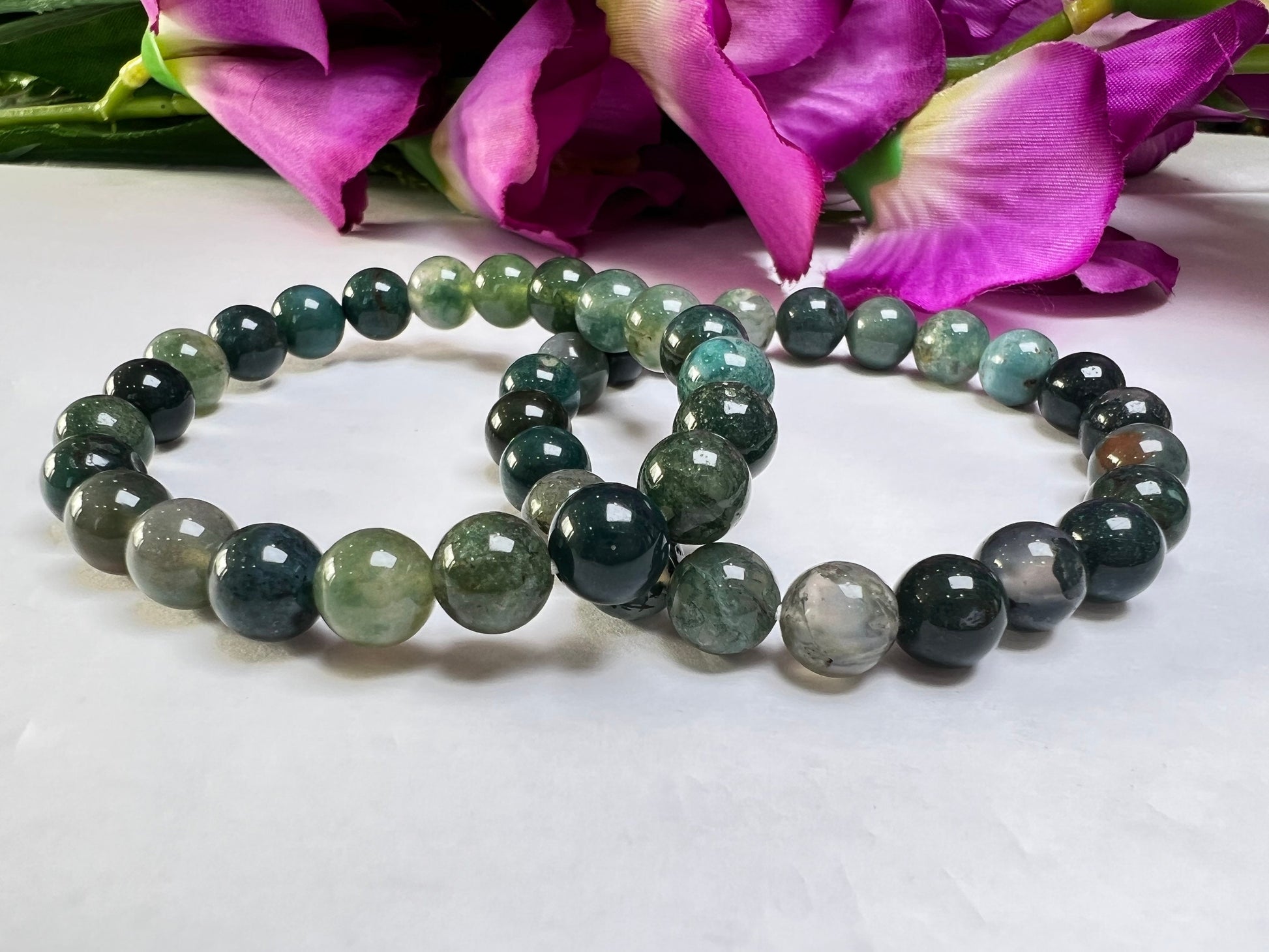 Moss Agate Stone round Beaded Bracelet 6 MM 8 MM 10 MM Stretch Bracelet