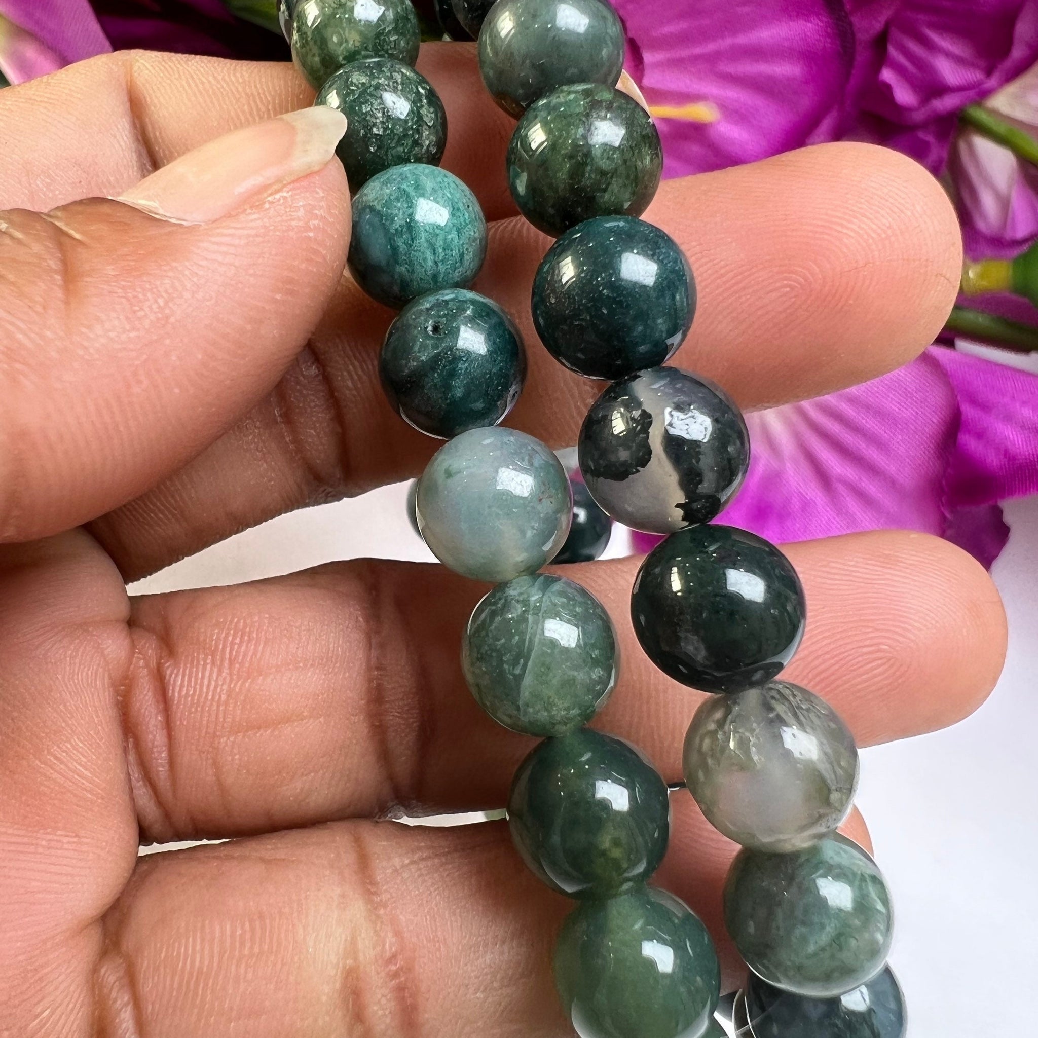 Moss Agate Stone round Beaded Bracelet 6 MM 8 MM 10 MM Stretch Bracelet