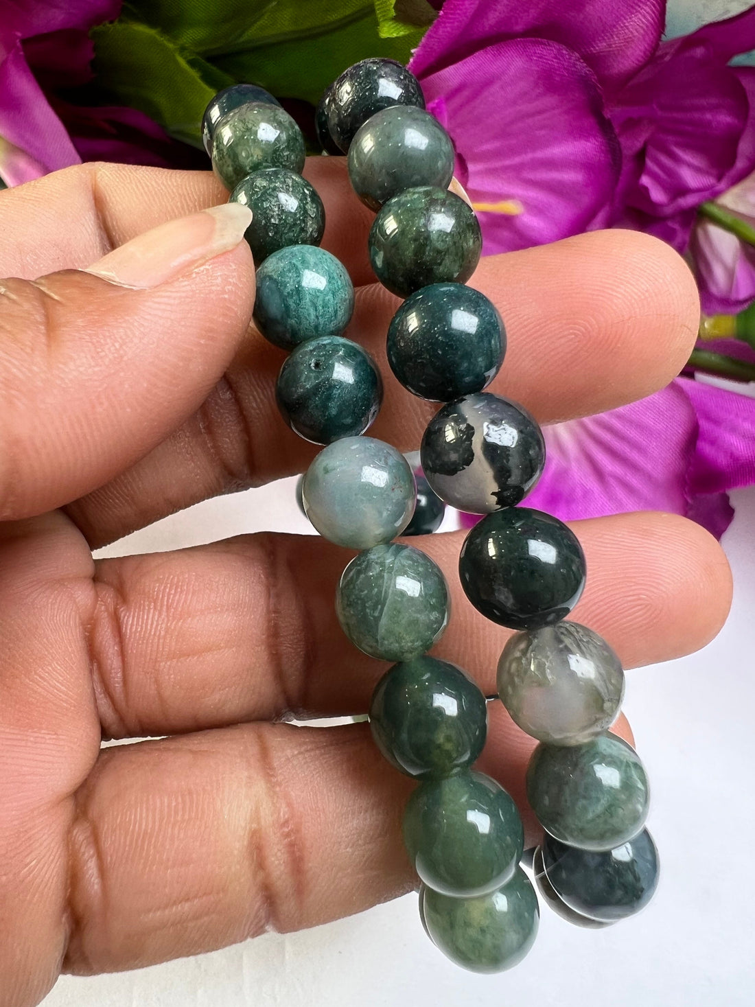 Moss Agate Stone round Beaded Bracelet 6 MM 8 MM 10 MM Stretch Bracelet