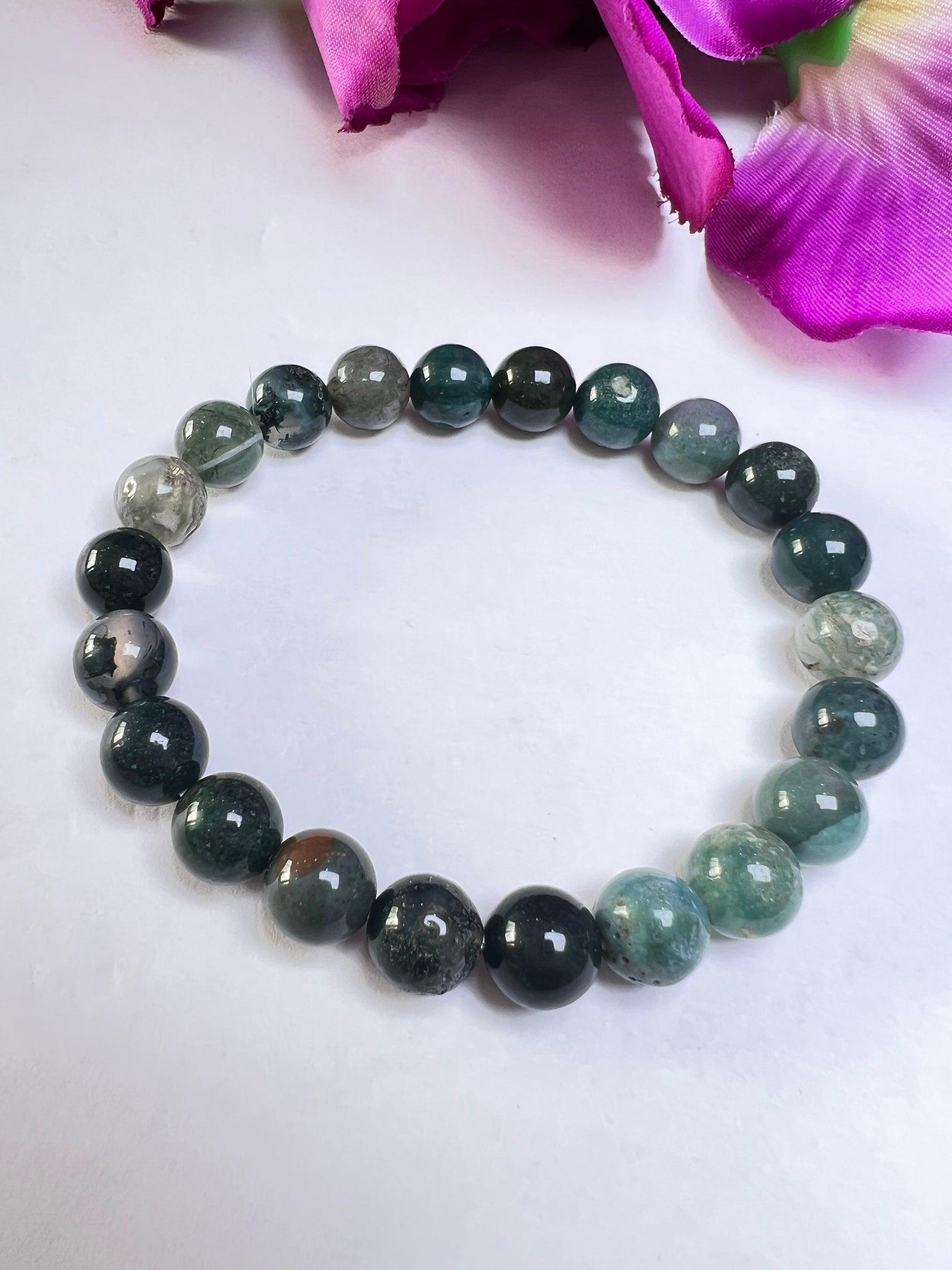 Moss Agate Stone round Beaded Bracelet 6 MM 8 MM 10 MM Stretch Bracelet