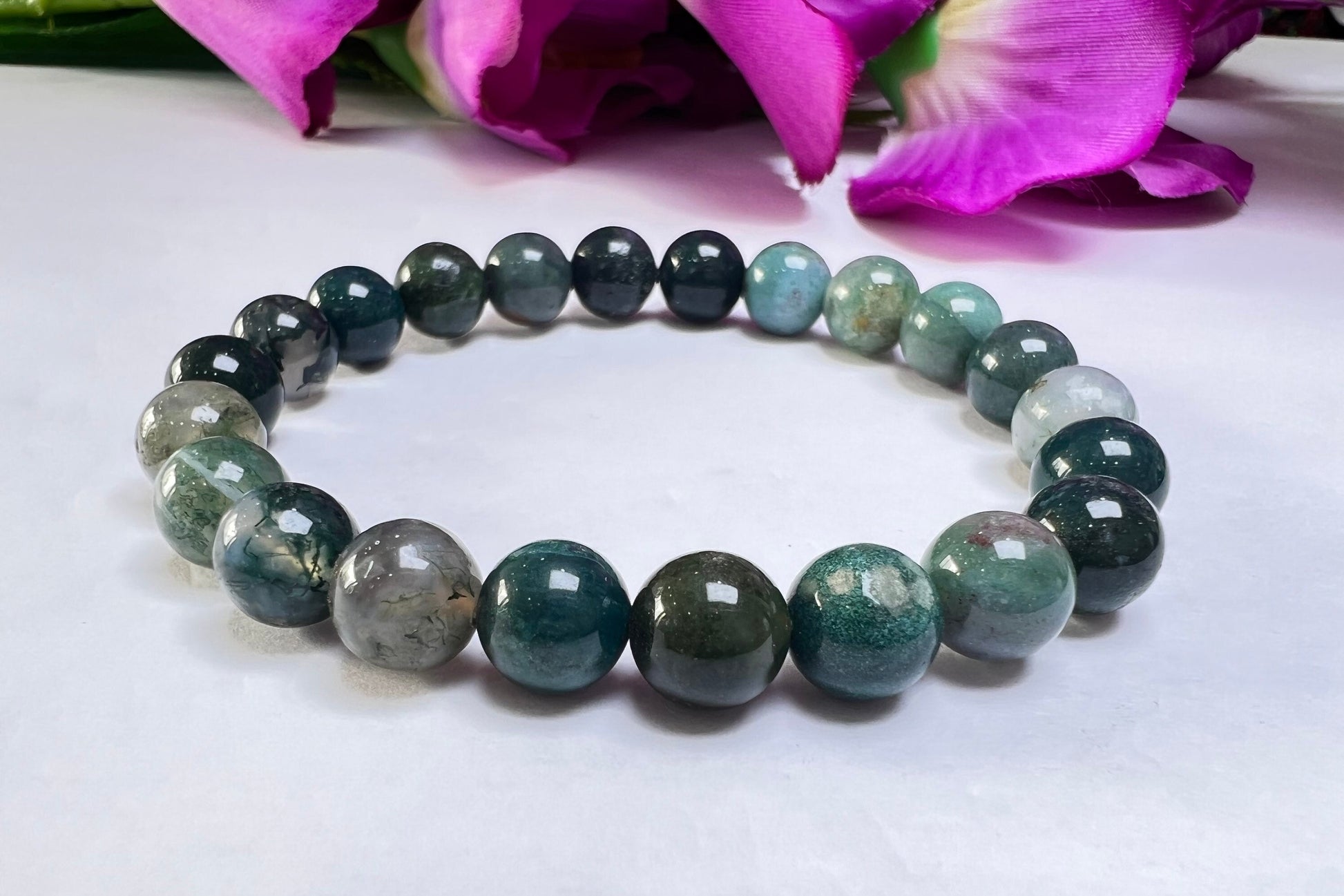 Moss Agate Stone round Beaded Bracelet 6 MM 8 MM 10 MM Stretch Bracelet