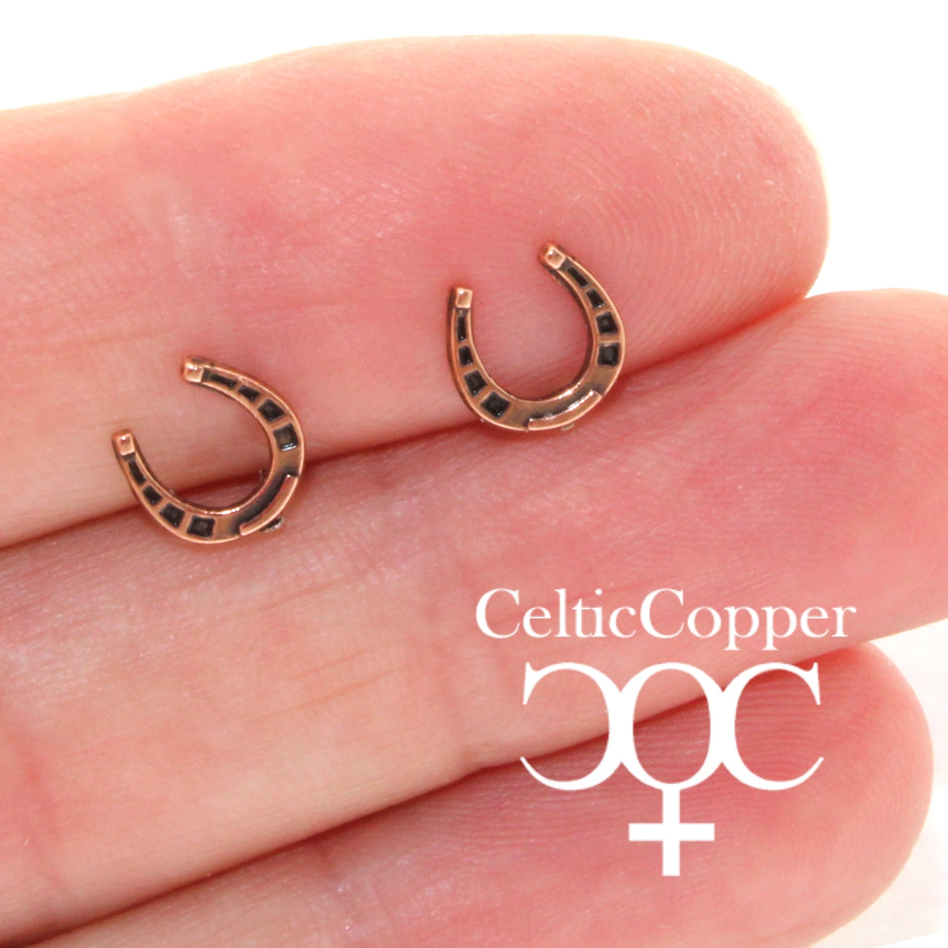 Copper Horse Shoe Stud Earrings with Hypoallergenic Earring Posts Equestrian Copper Earring Studs