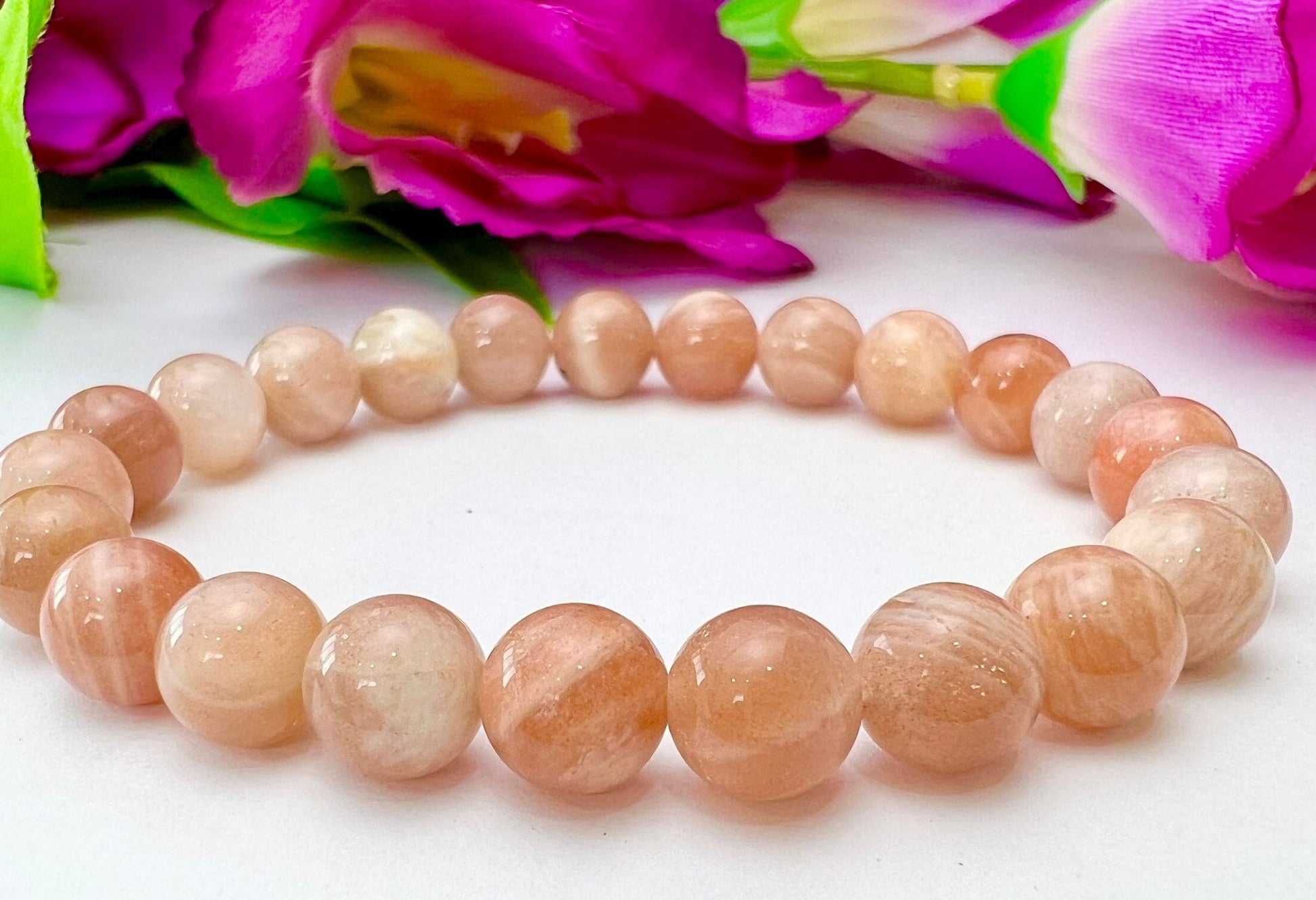 Peach Moonstone round Beaded Bracelet 8 MM Stretch Bracelet